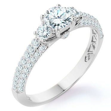 JeenMata 1 Carat Round Cut Lab Grown Diamond Classic Three Stones Engagement Ring - Vintage Style Micro Pave Wedding Ring in 18K White Gold Plating for Women