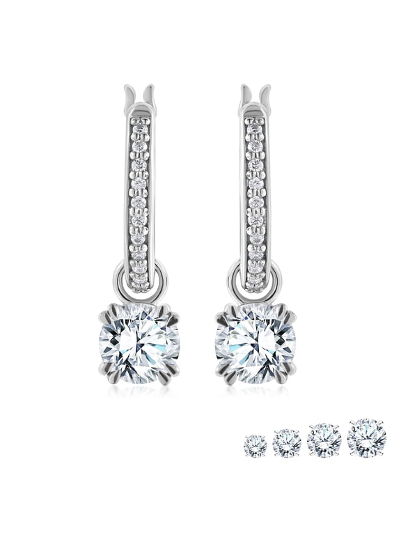 1 Carat Round Cut Lab Grown Diamond Dangle Drop Earrings in 18K White Gold Plating