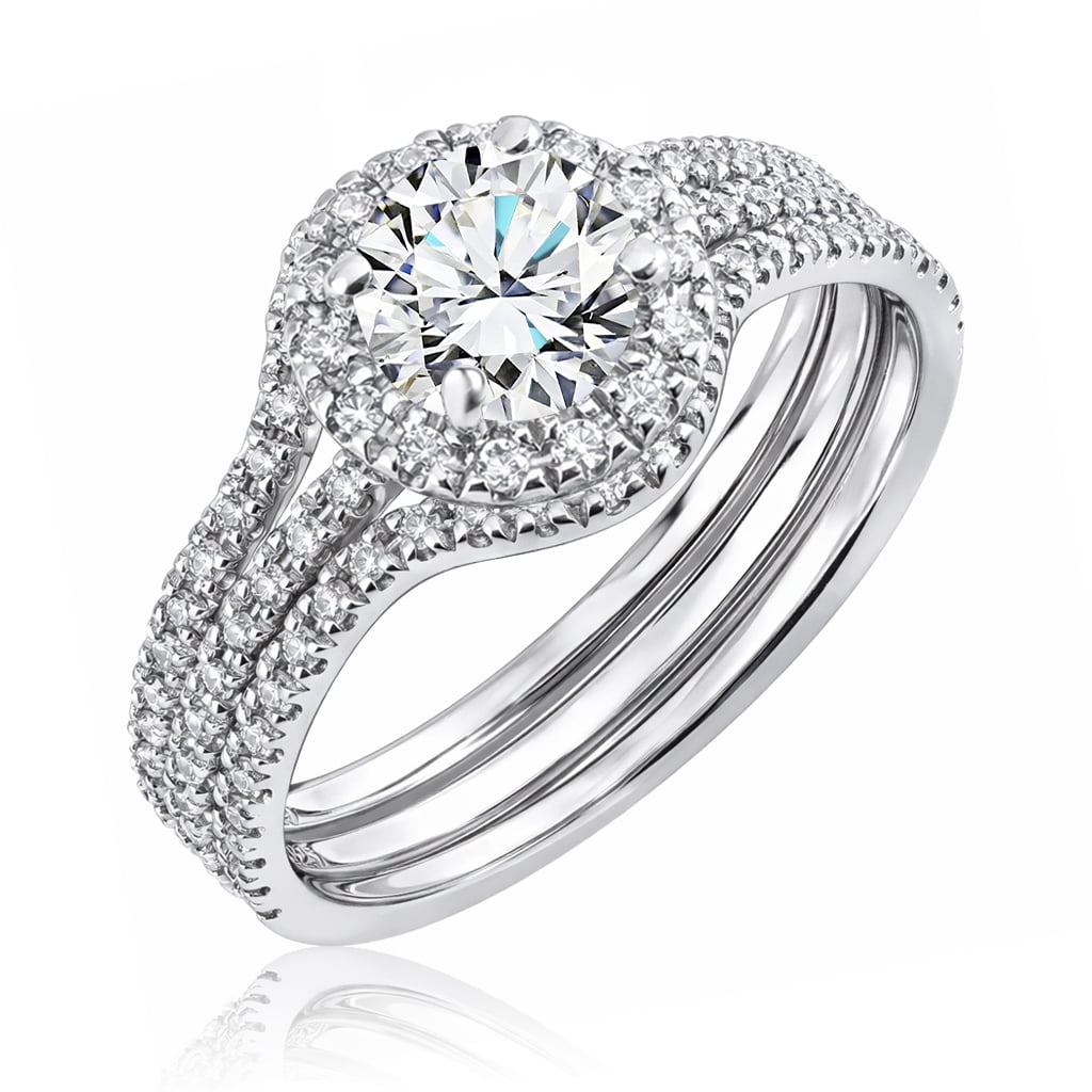 JeenMata 1 Carat Lab Grown Diamond Trio Wedding Ring Set - Round Cut Halo Statement Ring in 18K White Gold Plating for Women