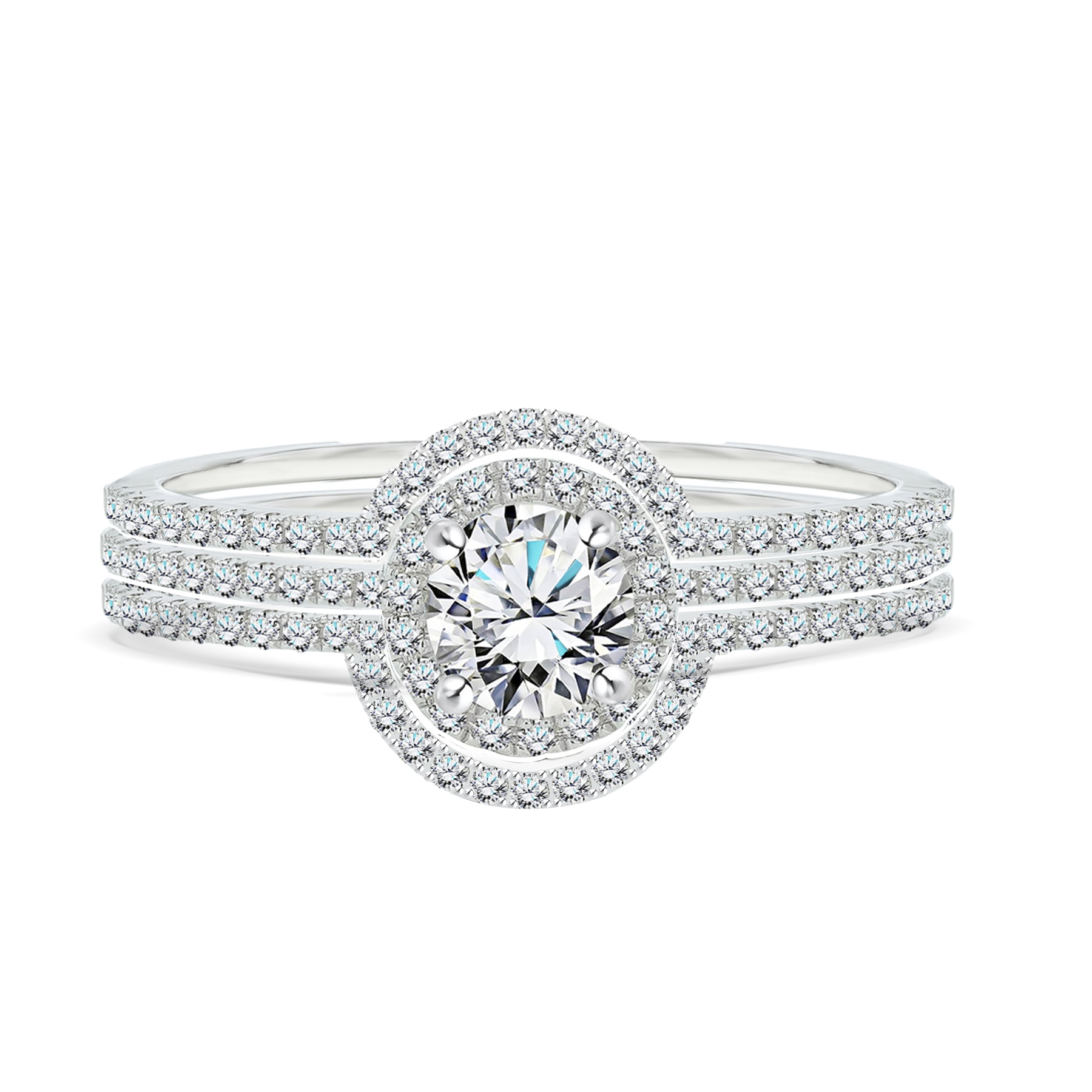 Walmart Black Friday Deals 2025 JeenMata Certified 1 Carat Lab Grown Diamond Trio Wedding Ring Set - Round Cut Halo Statement Ring in 18K White Gold Over Silver