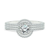 JEENMATA Certified 1 Carat Lab Grown Diamond Trio Wedding Ring Set - Round Cut Halo Statement Ring in 18K White Gold Plating for Women