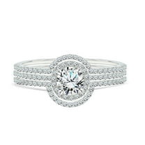 JeenMata 1 Carat Lab Grown Diamond Trio Wedding Ring Set - Round Cut Halo Statement Ring in 18K White Gold Plating for Women
