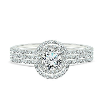 JeenMata Certified 1 Carat Lab Grown Diamond Trio Wedding Ring Set - Round Cut Halo Statement Ring in 18K White Gold Over Silver