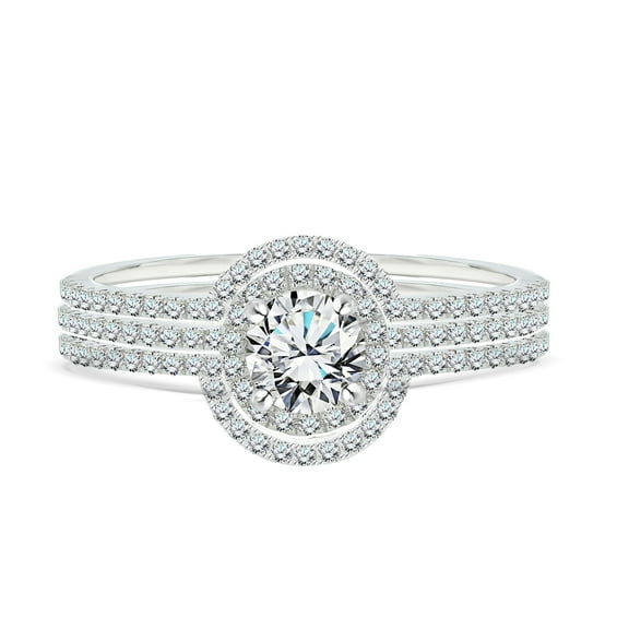 JeenMata Certified 1 Carat Lab Grown Diamond Trio Wedding Ring Set - Round Cut Halo Statement Ring in 18K White Gold Plating for Women