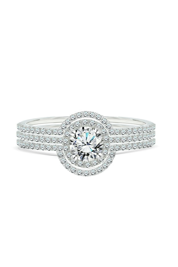 1 Carat Lab Grown Diamond Trio Wedding Ring Set - Round Cut Halo Statement Ring in 18K White Gold Plating for Women