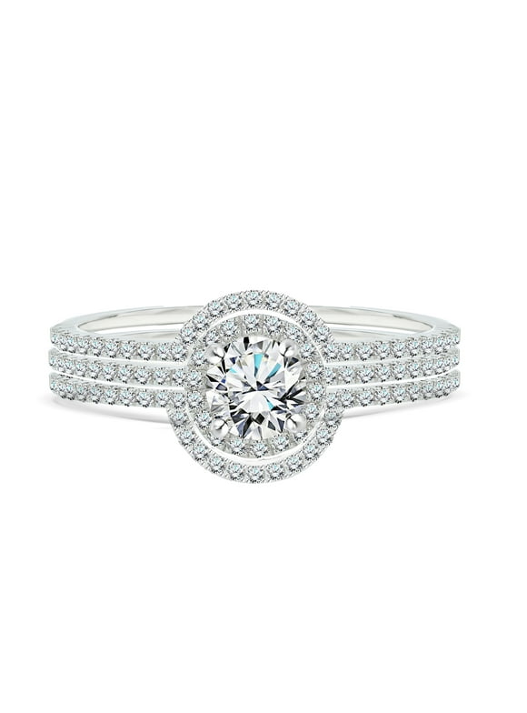 1 Carat Lab Grown Diamond Trio Wedding Ring Set - Round Cut Halo Statement Ring in 18K White Gold Plating for Women