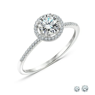JeenMata Certified 1 Carat Round Cut Lab Grown Diamond Halo Engagement Ring in 18K White Gold Over Silver