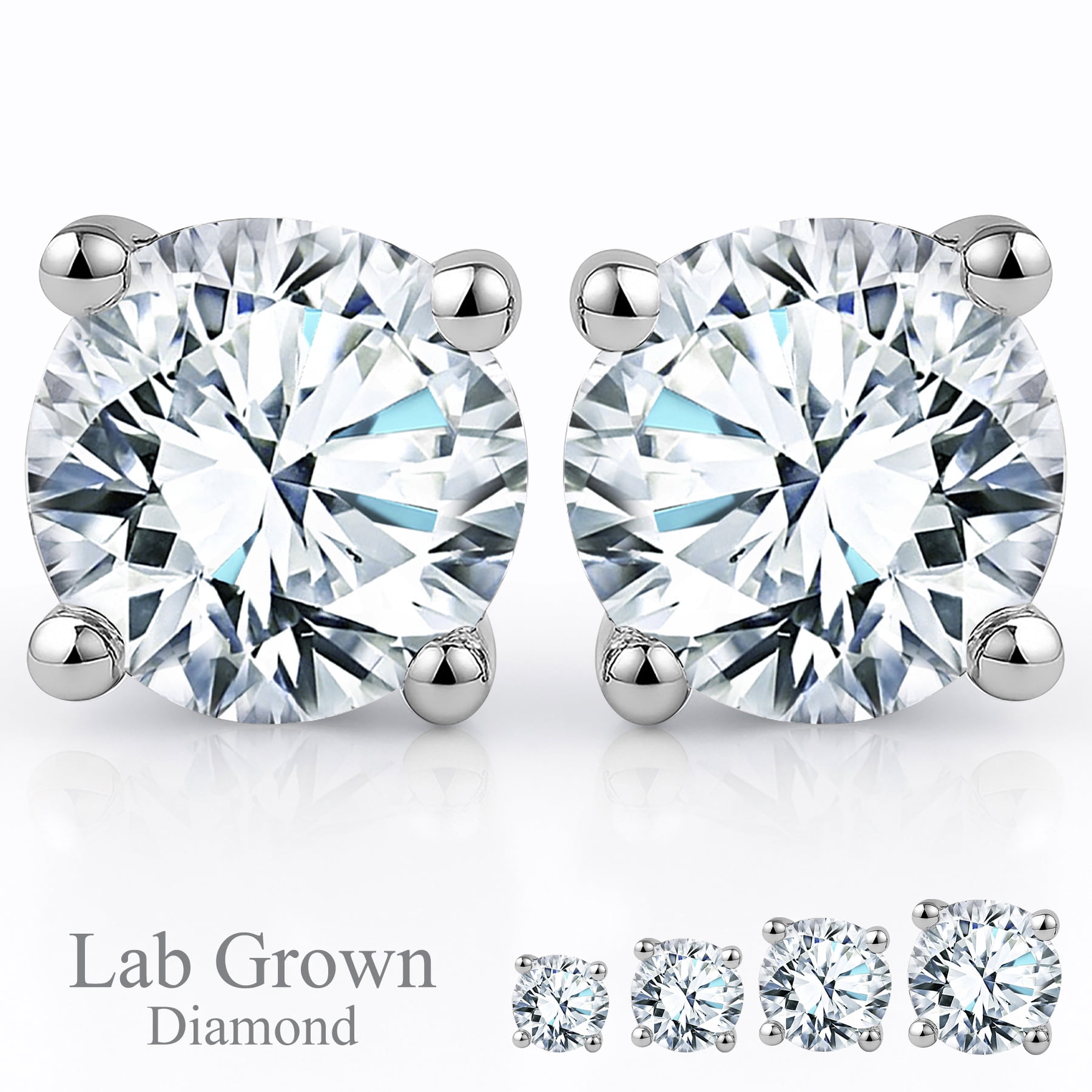 JeenMata Lab Grown Diamond Earrings 1 Carat Round Cut 18K White Gold Plated Solitaire Studs for Women