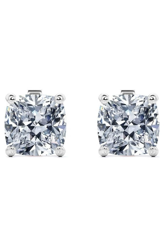 4 Carat Cushion Cut Moissanite 4 Prong Solitaire Stud Earrings In 18K White Gold Plating Over Silver
