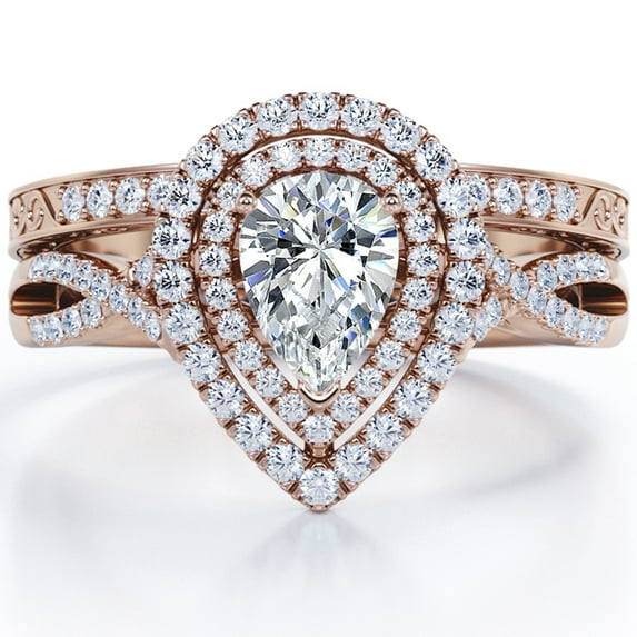 JeenMata Certified - Duo Halo Design - 1.75 Carat Almond Shape Moissanite - Crossover Edwardian Wedding Set - 18K Rose Gold Plating over Silver