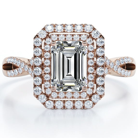 JeenMata Certified - Infinity Design - 1.75 Carat Emerald Cut Moissanite - Dual Halo Cluster Engagement Ring - 18K Rose Gold Plating over Silver