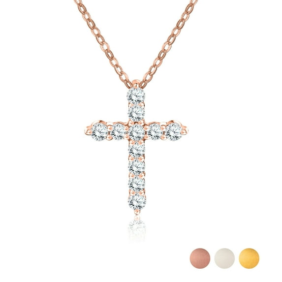 JeenMata Lab Grown Diamond Cross Pendant Necklace in 18K Rose Gold over Silver