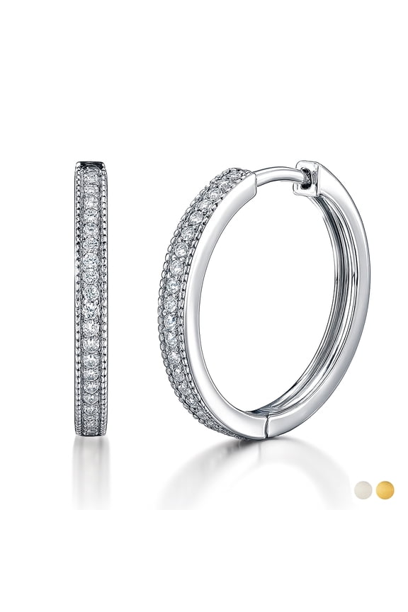 Lab Grown Diamond Hoop Earrings - Round Cut Classic Earrings in White Gold Plating for Women