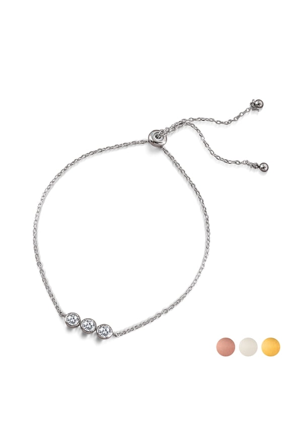 Lab Grown Diamond Three Stones Bracelet - Adjustable Slider White Gold Plating Bracelet for Women