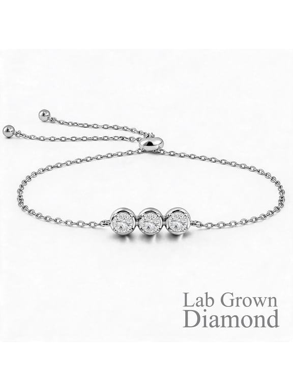 Lab Grown Diamond Three Stones Bracelet - Adjustable Slider White Gold Plating Bracelet for Women