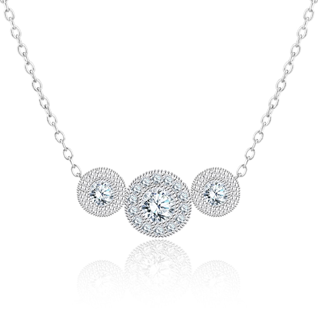 JeenMata Lab Grown Diamond Trio Necklace - Round Cut Halo Necklace in White Gold Plating