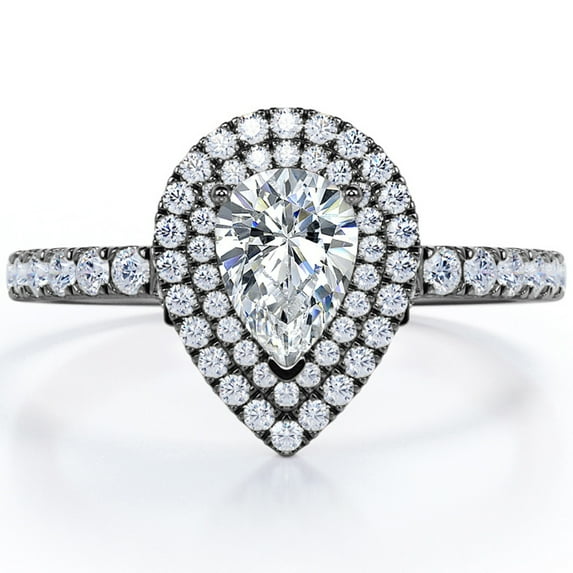 JeenMata Pave Style 1 Carat Pear-Shaped Moissanite Double Halo Cluster Engagement Ring in 18K Black Gold Plating for Women