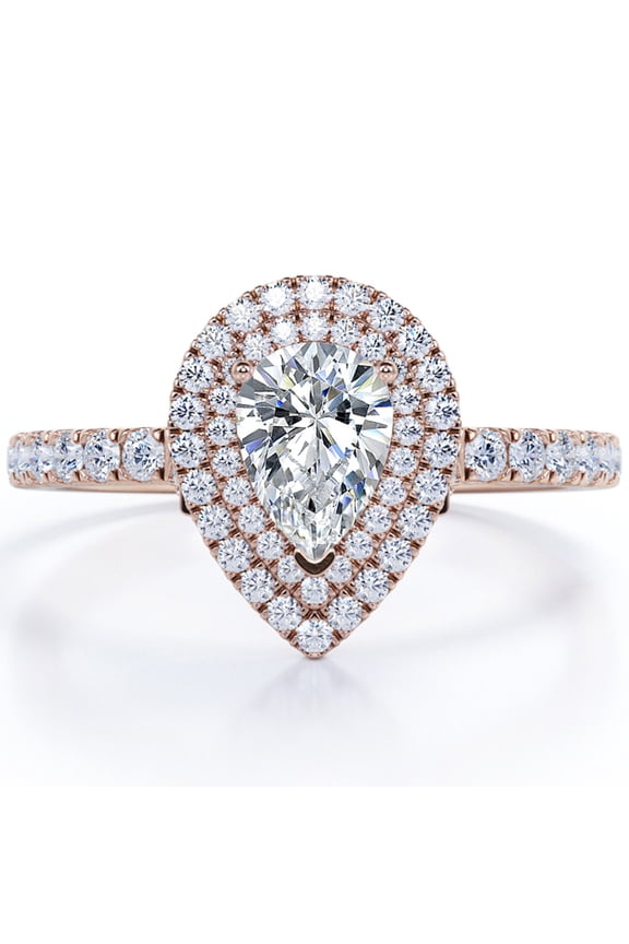 Pave Style 1 Carat Pear-Shaped Moissanite Double Halo Cluster Engagement Ring in 18K Rose Gold Plating for Women