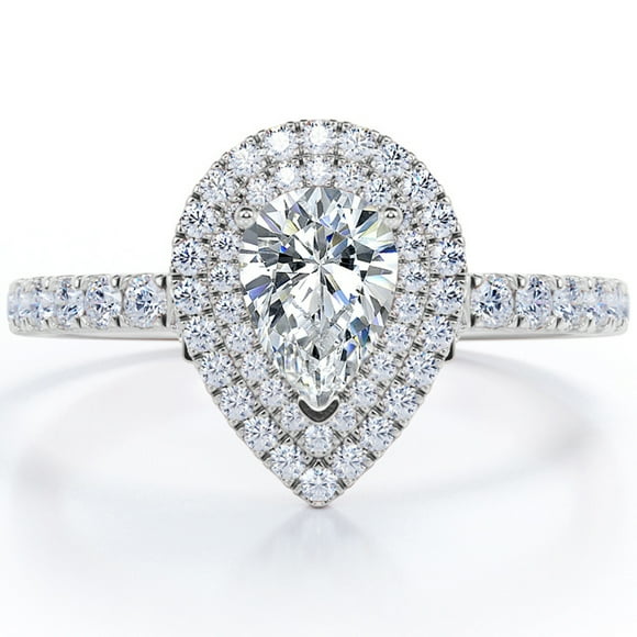 JeenMata Pave Style 1 Carat Pear-Shaped Moissanite Double Halo Cluster Engagement Ring in 18K White Gold Plating for Women