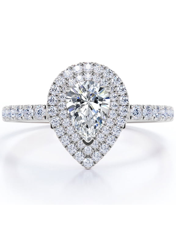 Pave Style 1 Carat Pear-Shaped Moissanite Double Halo Cluster Engagement Ring in 18K White Gold Plating for Women