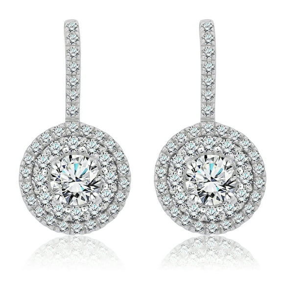 JeenMata 1 Carat Lab Grown Diamond Halo Drop Earrings - Round Cut Vintage Inspired Earrings in White Gold Plating