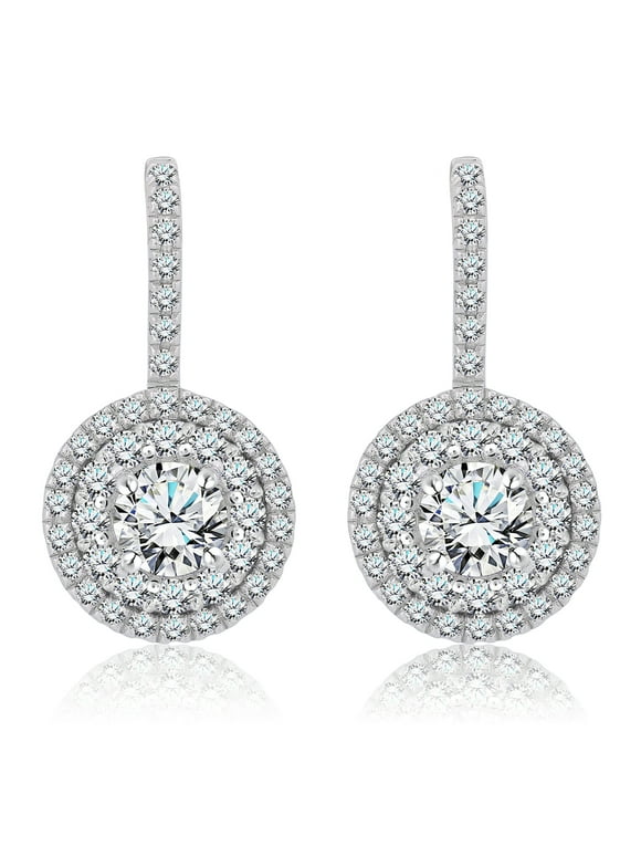 1 Carat Lab Grown Diamond Halo Drop Earrings - Round Cut Vintage Inspired Earrings in White Gold Plating