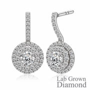 1 Carat Lab Grown Diamond Halo Drop Earrings - Round Cut Vintage Inspired Earrings in White Gold Plating