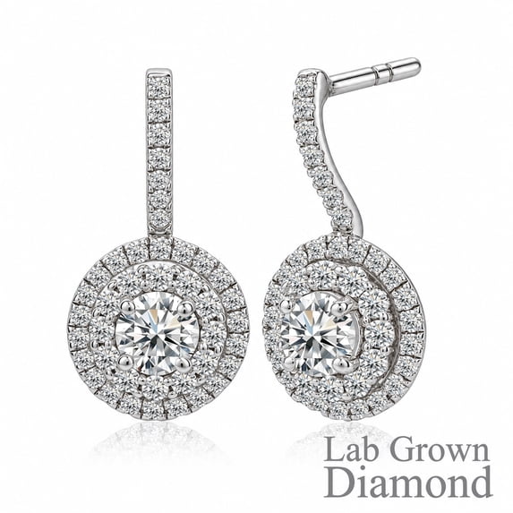 JeenMata 1 Carat Lab Grown Diamond Halo Drop Earrings - Round Cut Vintage Inspired Earrings in White Gold Plating