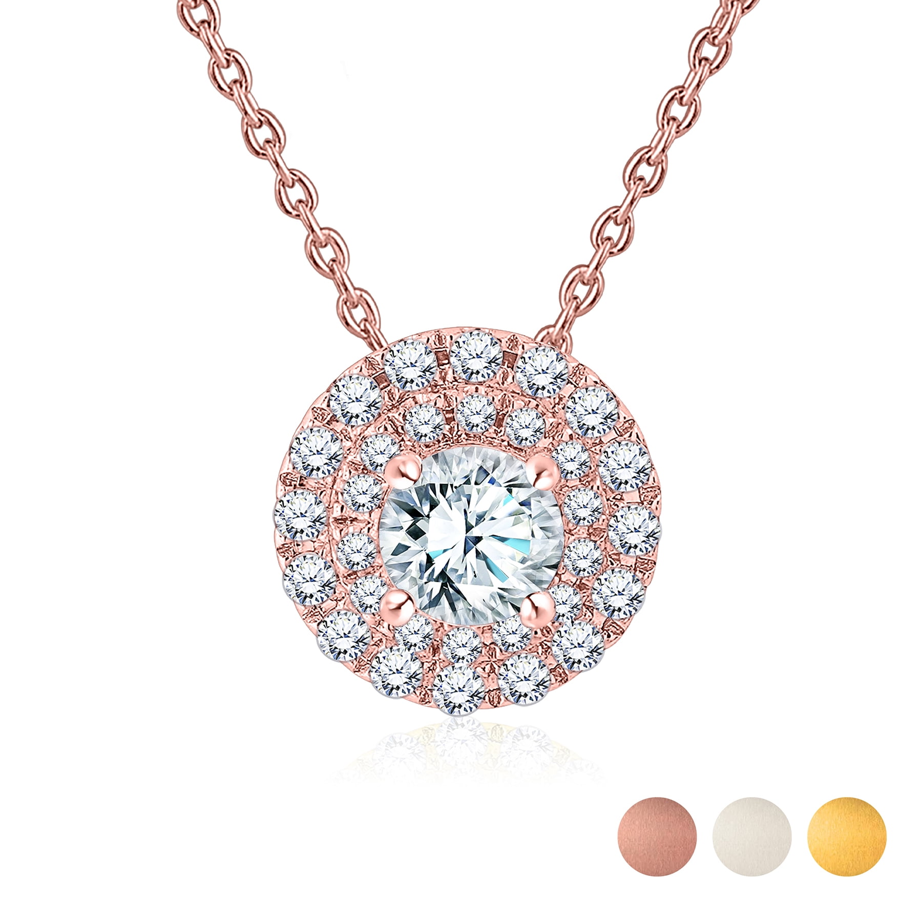 JeenMata Lab Grown Diamond 1 Carat Round Cut Double Halo Pendant Necklace in 18K Rose Gold Plating for Women