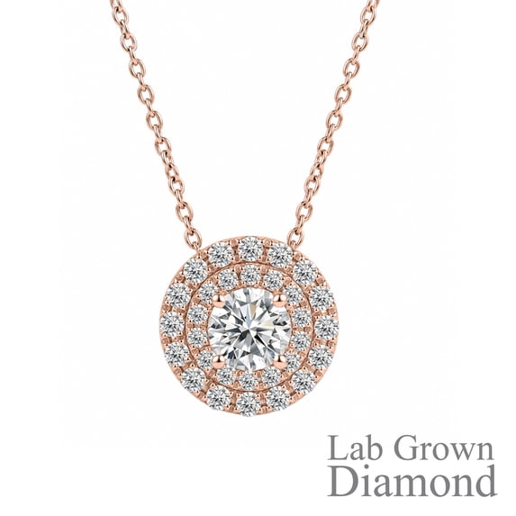 JeenMata Lab Grown Diamond 1 Carat Round Cut Double Halo Pendant Necklace in 18K Rose Gold Plating for Women