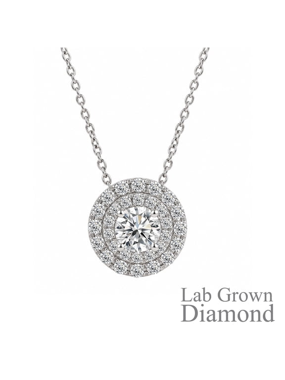 Lab Grown Diamond 1 Carat Round Cut Double Halo Pendant Necklace in 18K White Gold Plating for Women