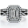 thumbnail image 1 of JeenMata Certified - Twisted - 1.5 Carat Emerald Cut Moissanite - Filigree Band - Double Halo Design Wedding Ring Set - 18K Black Gold Plating over Silver, 1 of 7