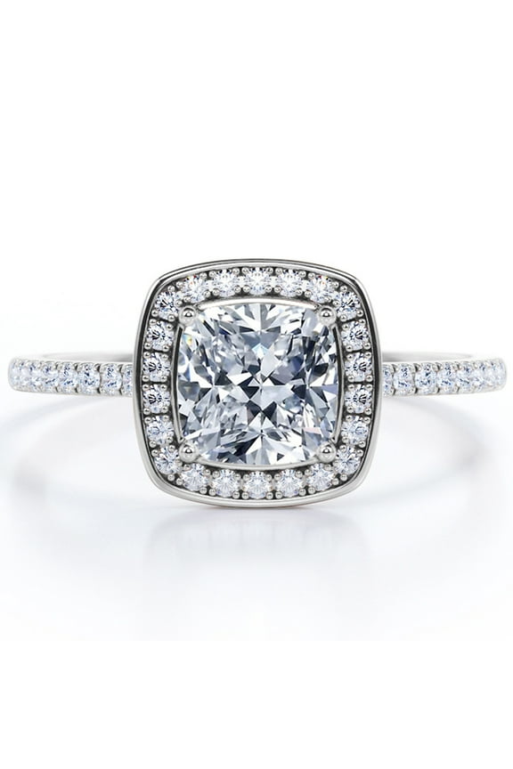 Channel Halo - 1.75 Carat Cushion Cut Moissanite - 4 Prong Set - Pave Engagement Ring - 18K White Gold Plating Over Silver