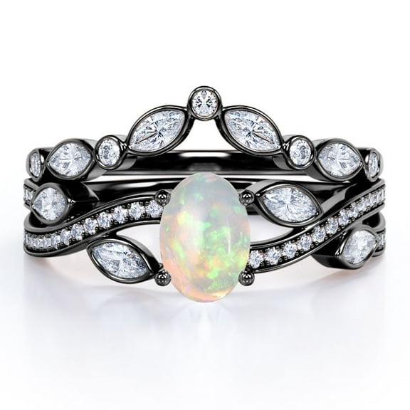 JeenMata Chevron Bezel 1.75 Carat Ovate Welo Opal And Moissanite Infinity Pave-Channel Wedding Ring Set In 18K Black Gold Plating Over Silver