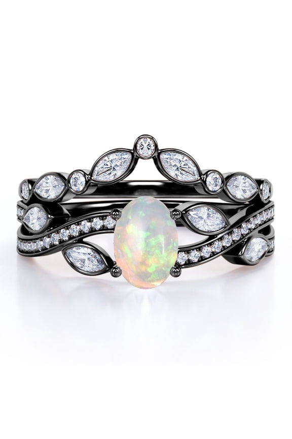 Chevron Bezel 1.75 Carat Ovate Welo Opal And Moissanite Infinity Pave-Channel Wedding Ring Set In 18K Black Gold Plating Over Silver