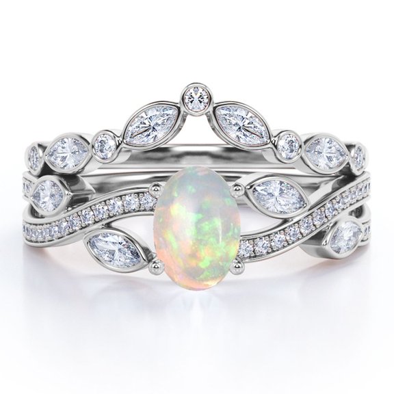 JeenMata Chevron Bezel 1.75 carat Ovate Welo Opal And Moissanite Infinity Pave-Channel Wedding Ring Set In 18K White Gold Plating Over Silver