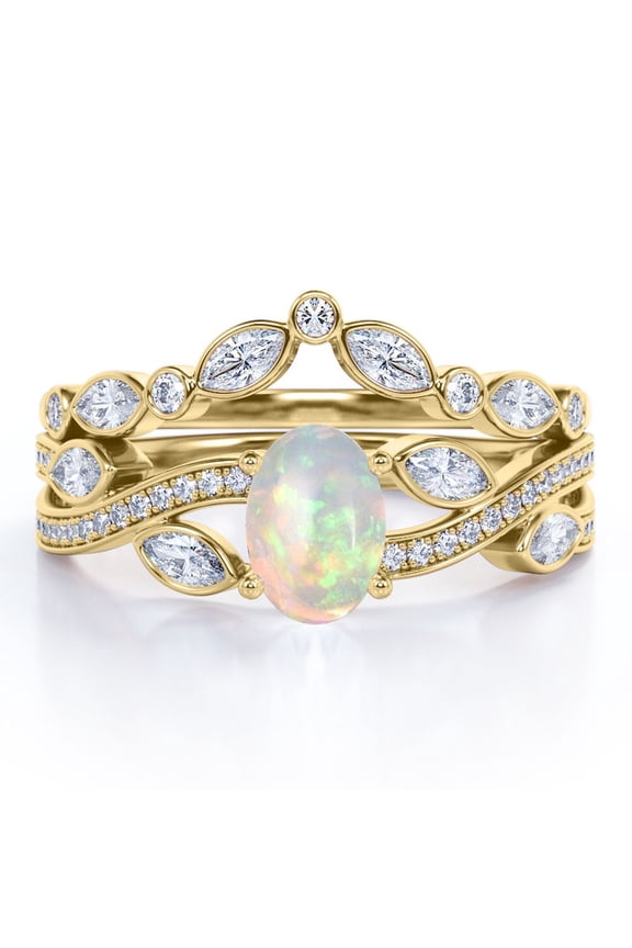Chevron Bezel 1.75 carat Ovate Welo Opal And Moissanite Infinity Pave-Channel Wedding Ring Set In 18K Yellow Gold Plating Over Silver