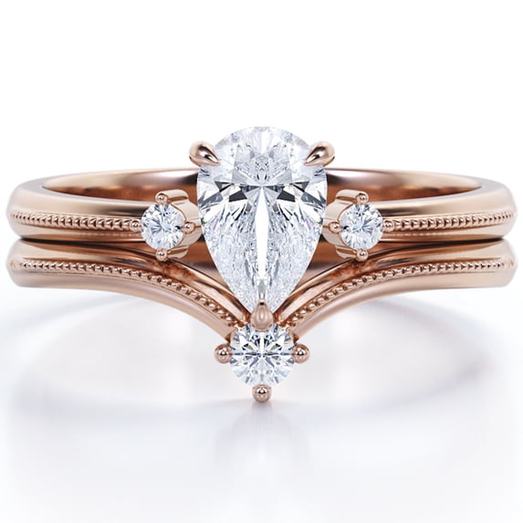 JeenMata Chevron Milgrain Edge 1.05 Carat Pear Shaped Moissanite Open Wedding Set in 18K Rose Gold Plating over Silver