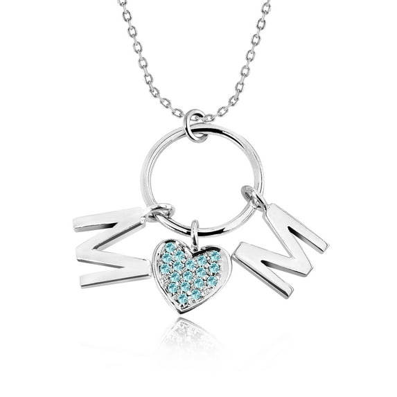 JeenMata Circle Pendant with MOM Charms Pendant Necklace in 18K White Gold over Silver - Light Blue Stone Embellished - December Birthstone