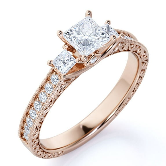 JeenMata Classic 0.50 Carat Princess Cut Diamond - Vintage - Beaded - Three Stone - Victorian Engagement Ring in 10K Rose Gold