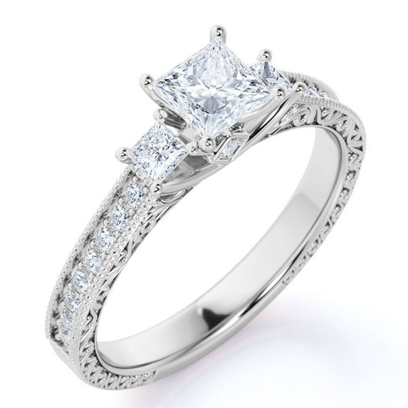 JeenMata Classic 0.50 Carat Princess Cut Diamond - Vintage - Beaded - Three Stone - Victorian Engagement Ring in 10K White Gold