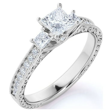 JeenMata Classic 0.50 Carat Princess Cut Diamond - Vintage - Beaded - Three Stone - Victorian Engagement Ring in 10K White Gold