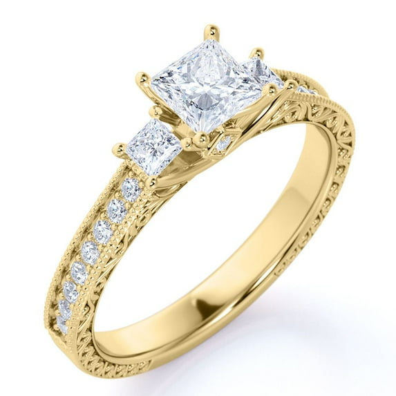 JeenMata Classic 0.50 Carat Princess Cut Diamond - Vintage - Beaded - Three Stone - Victorian Engagement Ring in 10K Yellow Gold