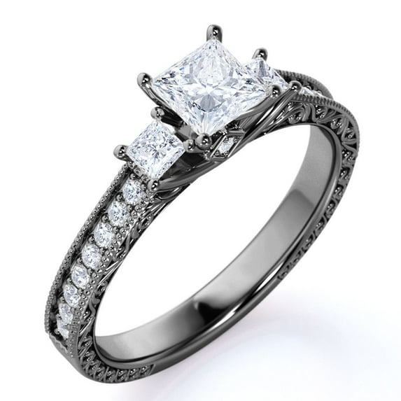 JeenMata Classic 0.50 Carat Princess Cut Diamond - Vintage - Beaded - Three Stone - Victorian Gothic Engagement Ring in 10K Black Gold