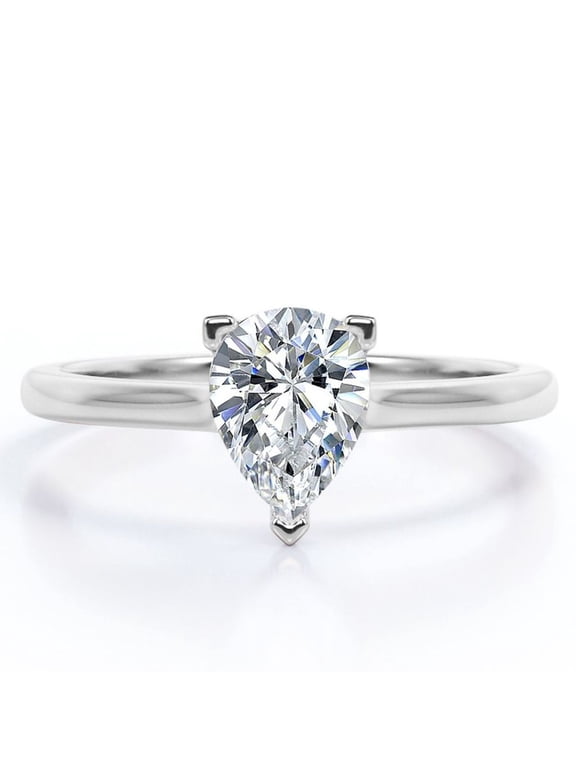 Classic 1 Carat Pear Cut Engagement Ring - Prong Set - 18K White Gold Plating over Silver