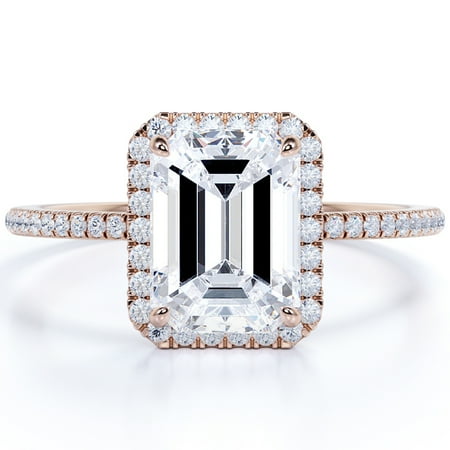 JeenMata Classic 2.25 Carat Emerald Cut Halo Engagement Ring in 18k Rose Gold Over Silver