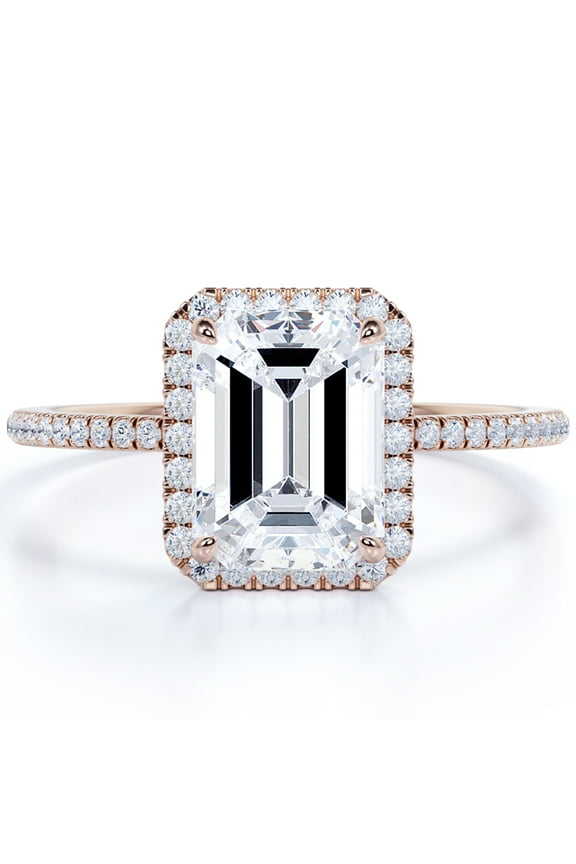 Classic 2.25 Carat Emerald Cut Halo Engagement Ring in 18k Rose Gold Over Silver