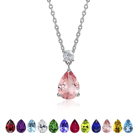 JeenMata 3.25 Carat Pink Tourmaline October Birthstone - Round and Pear Cut Dangle Pendant Necklace in 18k White Gold Plated for Women