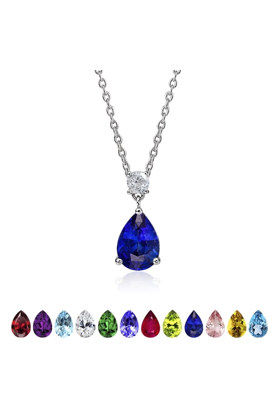 3.25 Carat Royal Blue Sapphire September Birthstone - Round and Pear Cut Dangle Pendant Necklace in 18k White Gold Plated for Women