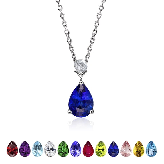 JeenMata 3.25 Carat Royal Blue Sapphire September Birthstone - Round and Pear Cut Dangle Pendant Necklace in 18k White Gold Plated for Women